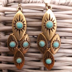Gold tone w turquoise earrings 2" drop